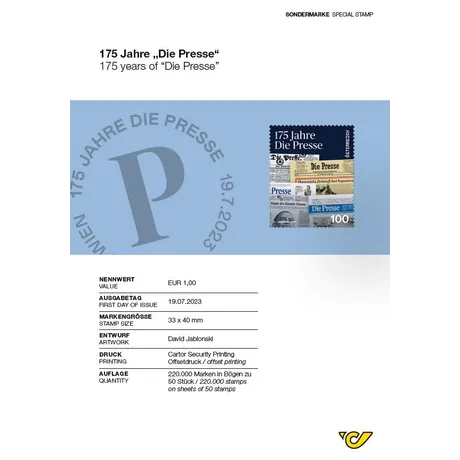 Briefmarke Österreich 2023, Nominale 1,00 €: '175 Jahre Die Presse' mit Zeitungscollage und blauem Hintergrund.