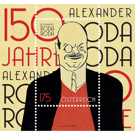 c3d08ab36341ac353a68b0a3afac051d7cdb0fda.png Austrian stamp 2022, nominal value 1.75 euros: 150 years Alexander Roda Roda, illustration of the writer.