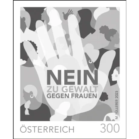 Briefmarke Österreich 2023, Nominale 3,00 Euro: 'Nein zu Gewalt gegen Frauen' mit Hand und Silhouetten.
