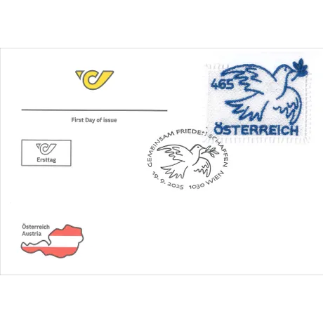 Ersttagsbrief mit Friedenstaube-Briefmarke und Sonderstempel. Nominale 4,65 Euro, Österreich, Jahr 2025. Ersttagsbrief mit Friedenstaube-Briefmarke und Sonderstempel. Nominale 4,65 Euro, Österreich, Jahr 2025.