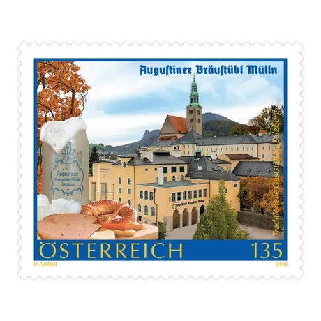 Austrian stamp 2022, nominal value 1.35 euros: Augustiner Bräustübl Mülln in Salzburg with beer and pretzel.