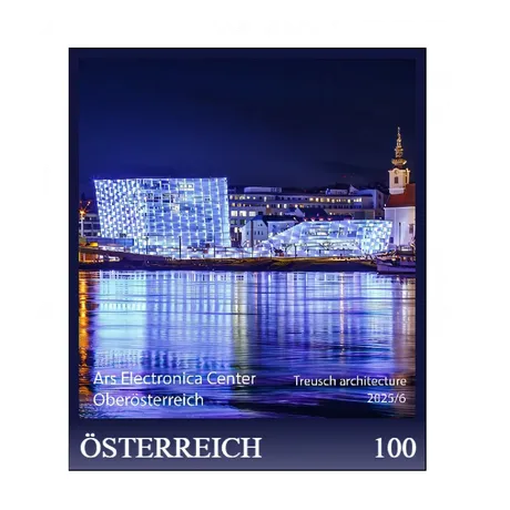 Austrian stamp 2025, 1.00 Euro: Ars Electronica Center, Upper Austria, illuminated at night by the Danube.