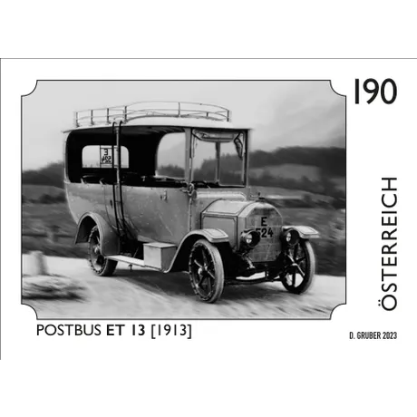 a289fdb689a5d75da6b1f1d473aac38ba02176cf.jpg Austrian Post stamp 2023, 1.90 Euro: Historic Postbus ET 13 from 1913 in black and white.