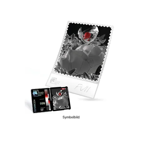 Briefmarke Österreich Crypto Stamp Art 2023, Nominale 9,90 Euro: Futuristisches Design mit roter Kugel und silbernen Elementen.