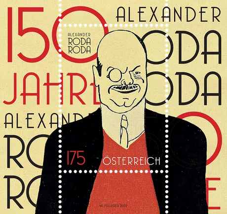 Austrian stamp 2022, nominal value 1.75 euros: 150 years Alexander Roda Roda, illustration of the writer.