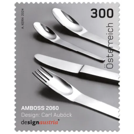 Briefmarke Österreich 2024, Nominale 3,00 Euro: Amboss 2060 Besteckdesign von Carl Auböck, designaustria-Logo.