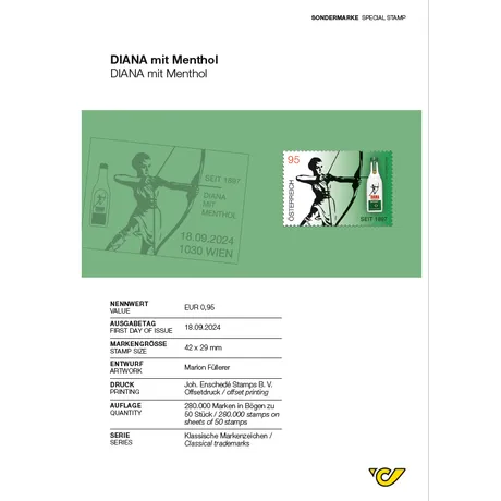 Briefmarke Österreich 2024, Nominale 0,95 €: 'DIANA mit Menthol' mit Bogenschützin und Flasche, Ausgabe 18.09.2024.