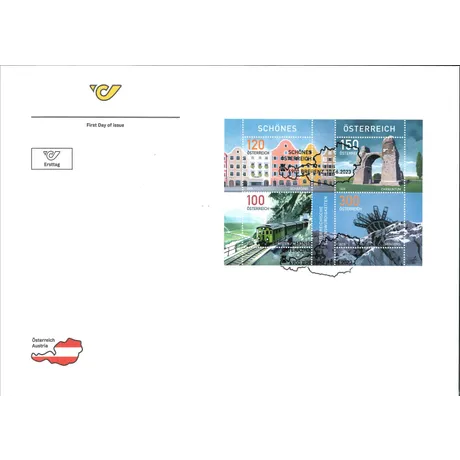 First Day Cover with Austrian Post stamps 2023: Schärding (1.20€), Carnuntum (1.50€), train (1.00€), Seegrotte (3.00€).