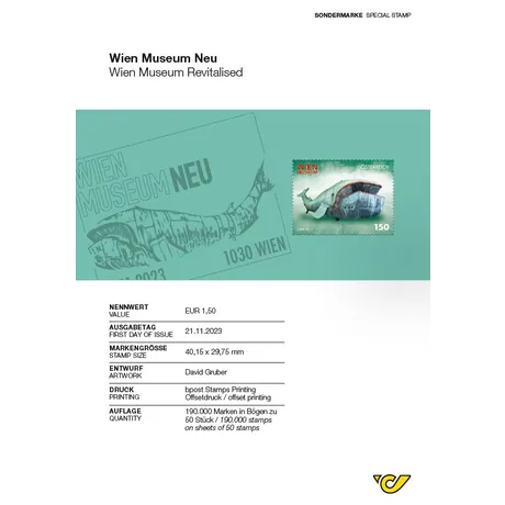0e91709640b6c490b27978e58649c6a865cee9d5.png Sondermarke Österreich 2023, Nominale 1,50 €: 'Wien Museum Neu' mit Wal-Skulptur, Ausgabetag 21.11.2023.