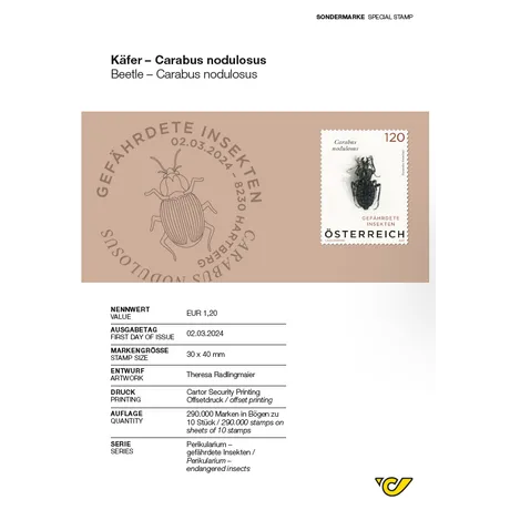 Briefmarke Österreich 2024, Nominale 1,20 €: Käfer Carabus nodulosus, Teil der Serie 'Gefährdete Insekten'.