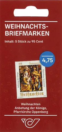 649f858b253f5e2fb3b4f455f754062661472dfc.png Weihnachts-Briefmarkenset 2023 der Österreichischen Post: 5 Briefmarken zu 0,95€ mit 'Anbetung der Könige' aus der Pfarrkirche Oppenberg.