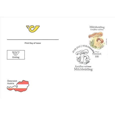 Ersttagsbrief mit Marke Milchbrätling Lactifluus volemus und Sonderstempel. Nominale 100, Österreich, Jahr 2025.