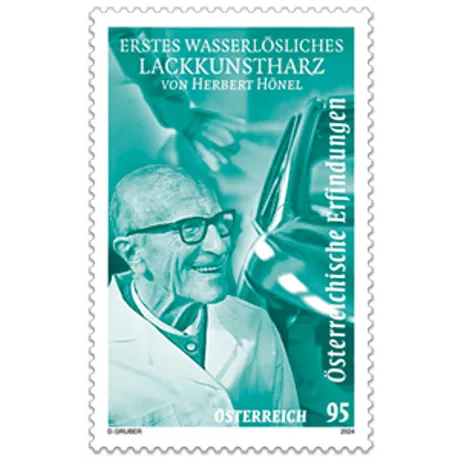 Briefmarke Österreich 2023, Nominale 0,95 Euro: Herbert Hönel und wasserlösliches Lackkunstharz, türkis gestaltet.