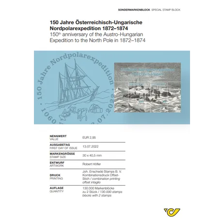 Sondermarkenblock der Österreichischen Post: 150 Jahre Österreichisch-Ungarische Nordpolarexpedition, €2,95, Ausgabe 13.07.2022.