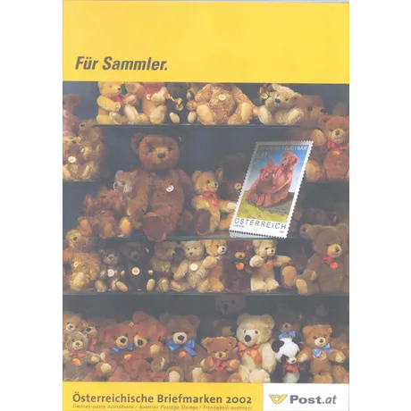 Briefmarke Österreich 2002, Nominale 1,00 Euro: Teddybär-Motiv, präsentiert inmitten einer Teddybär-Sammlung.