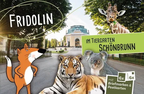 625012_Cover-Frido-Zoo252-Screen800 Werbebild der Österreichischen Post mit Fridolin dem Fuchs, Tieren und dem Tiergarten Schönbrunn mit Briefmarken und Postkarten.