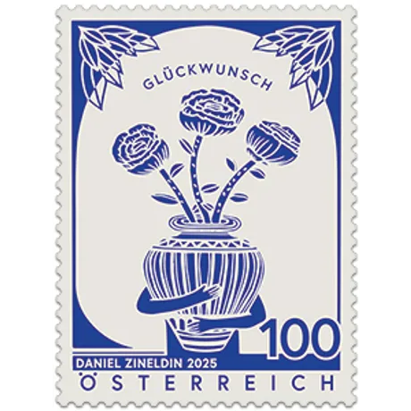 225120-Glueckwunsch-2025-ONLINESHOP Briefmarke Österreich 2025, Nominale 1,00 Euro: Blaues Blumendesign mit 'Glückwunsch'-Text und Vasenmotiv.