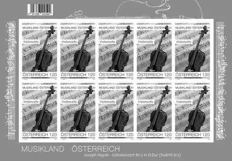 Austrian Post 2023 stamp sheet, €1.20 each: 'Music Land Austria' theme with cello and sheet music design.
