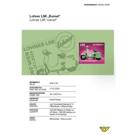 Austrian Post stamp 2024, €2.50: Lohner L98 'Camel' scooter on pink background, part of 'Motorcycles' series.