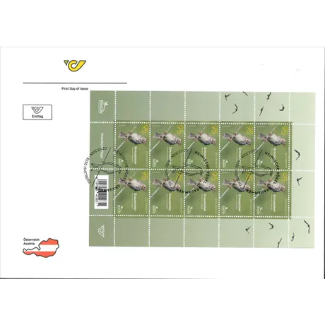 FDC-KB_Grauammer_0324 Austrian Post stamp sheet 2023, Nominal value 0.95 Euro: Corn Bunting, part of 'Native Birds' series, first day cover.
