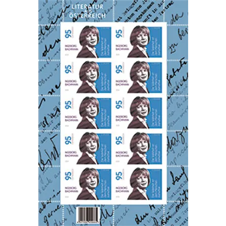 Briefmarkenblock Österreich 2023, Nominale 0,95 Euro: Porträt von Ingeborg Bachmann, Thema 'Literatur in Österreich'.