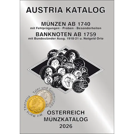 Grey cover of the “Austria Coin Catalog 2026” featuring historic coins and details on banknotes and minting errors.
