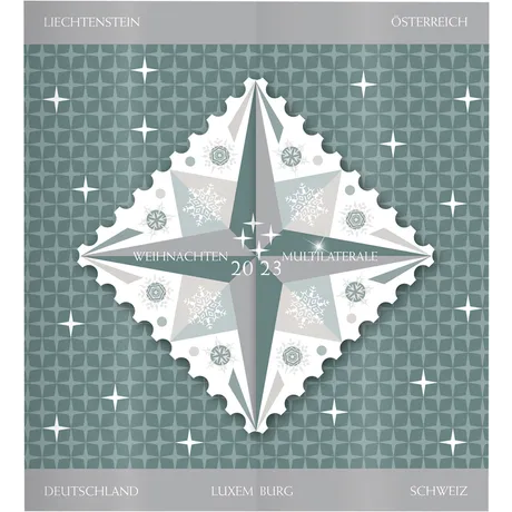 Briefmarke Österreich 2023: Weihnachten, Multilaterales Design mit Schneeflocken und Sternmotiv, grüner Hintergrund.