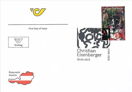 First day cover with Austrian Post stamp 'Austria 2022, Nominal 1.80 Euro: Christian Eisenberger artwork'.