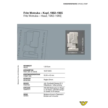 Fritz Wotruba – Kopf, 1962–1965 Informationsblatt zur Sonderbriefmarke mit der Skulptur „Kopf“ von Fritz Wotruba. Künstlerbiografie und Werkbeschreibung. Jahr 2025.