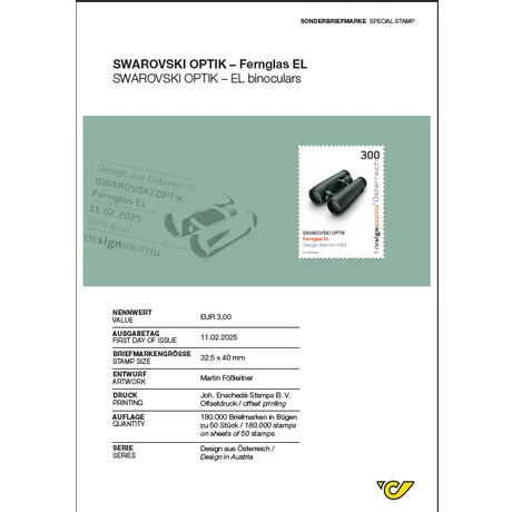 ABH_Februar25_Swarovski_2_Eva-Frei Austrian Post stamp 2025, nominal value €3.00: Swarovski Optik EL binoculars on a green background.