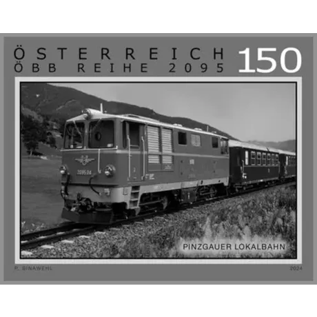 Briefmarke Österreich 2024, Nominale 1,50 Euro: ÖBB-Reihe 2095 Lokomotive der Pinzgauer Lokalbahn in ländlicher Umgebung.