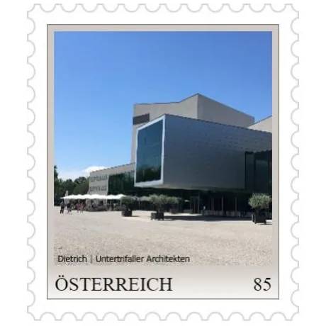 Austrian stamp 2023, nominal value 0.85 euros: Modern building by Dietrich | Untertrifaller Architects.