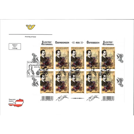 Briefmarkenblock Österreich 2023, Nominale 1,00 €: Ferdinand Porsche und sein Elektroauto, Ersttagsausgabe.