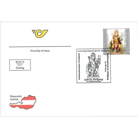 Ersttagsbrief mit Briefmarke Österreich 2024, Nominale 1,20 €: Hl. Wolfgang, Sakralkunst, und Sonderstempel St. Wolfgang.