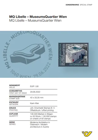 781ba4ea68fc3046f05d819a423d8b9b86c383b1.png Briefmarke Österreich 2022, Nominale 1,80 €: MQ Libelle, MuseumsQuartier Wien, Serie Moderne Architektur.