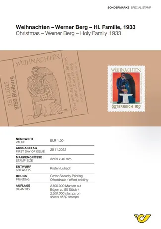 138049d9c7d6c930458365129c1d3e42cfffe77a.jpg Briefmarke Österreich 2022, Nominale 1,00 €: Weihnachten - Werner Berg, Hl. Familie, 1933. Erstausgabe: 25.11.2022.