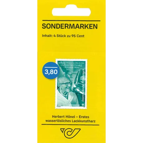 SM4_Herbert Hönel_0924 Sondermarkenpackung der Österreichischen Post: 4 Marken zu 0,95 € mit Herbert Hönel und wasserlöslichem Lackkunstharz.