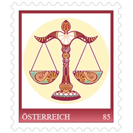 Austrian stamp 2023, nominal value 0.85 euros: motif of a decorative scale symbolizing justice.