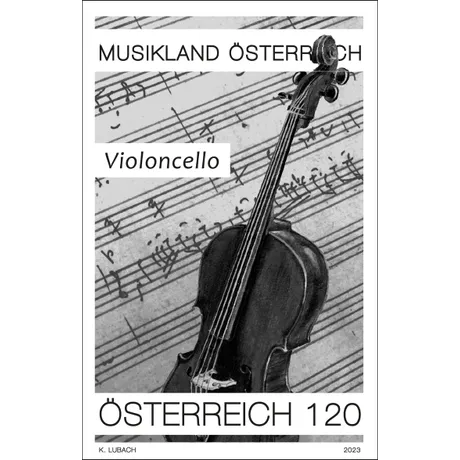 Austrian Post stamp 2023, nominal value 1.20 euros: &#039;Music Land Austria&#039; theme with a cello and sheet music.