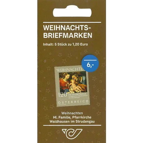 bab5a4430def2c3c0ccb79ae120151e83ea12934.png Austrian Post Christmas stamp set, 5 stamps at €1.20 each, featuring the Holy Family, Waldhausen Church.