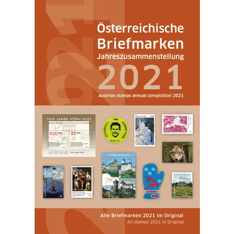 Titelbild der Jahreszusammenstellung 2021 der Österreichischen Post mit verschiedenen österreichischen Briefmarken.