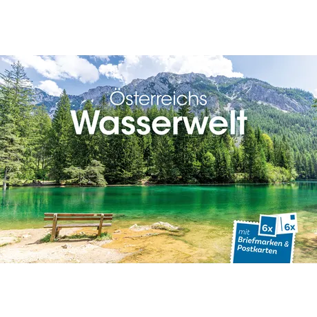 Österreichische Post-Aktion: 'Österreichs Wasserwelt' mit 6 Briefmarken und 6 Postkarten, See und Berge im Hintergrund.
