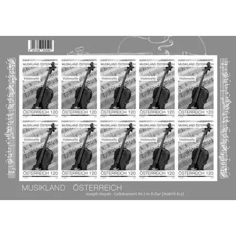 9c808001a6a6fd2ce588f6354ee468dabb823dd8.jpg Austrian Post 2023 stamp sheet, €1.20 each: 'Music Land Austria' theme with cello and sheet music design.