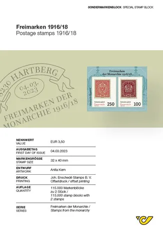 8560b0ffc768f48eff67958b1381bf0dc1b8b60b.jpg Sondermarkenblock der Österreichischen Post 'Freimarken 1916/18', Ausgabe 04.03.2023, mit zwei Marken: Nominale 250 und 100.