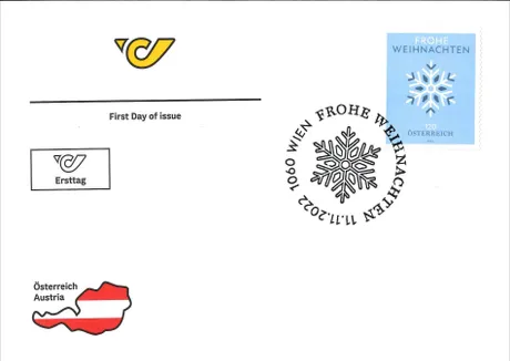 First day cover with Austrian Post logo, Christmas stamp 2022 (€1.20), and Vienna postmark with snowflake design.