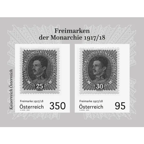 SD_Freimarken der Monarchie 1917-1918_0325 Briefmarken Österreich 2025: Serie 'Monarchie 1917/18', 350€ (25 Heller) und 95€ (30 Heller), Thema Kaiserreich Österreich.