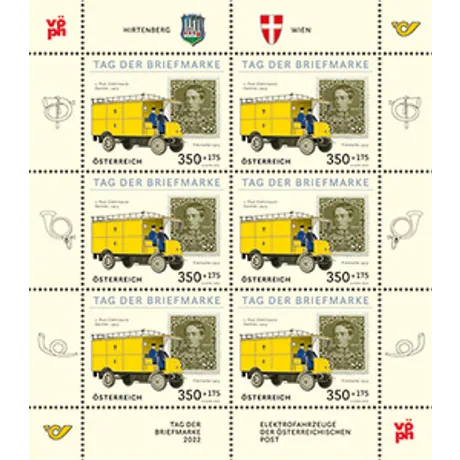 bbafbd5ec1bb5cb9137dc82fb80463eb6e98288f.jpg Austrian Post stamp sheet 2022: 'Day of the Stamp' featuring electric delivery vehicles, nominal value 3.50+1.75 EUR.