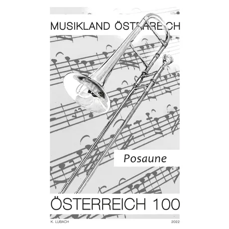 Briefmarke Österreich 2022, Nominale 1,00 Euro: Posaune auf Notenblatt, Thema 'Musikland Österreich'.