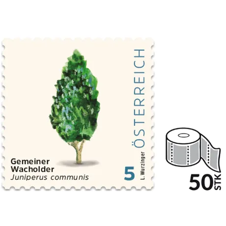 Briefmarke Österreich 2023, Nominale 5 Euro: Illustration eines Gemeinen Wacholders, Rolle mit 50 Stück.