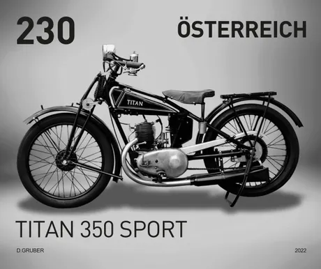 Austrian Post stamp 2022, nominal value 2.30 euros: Titan 350 Sport vintage motorcycle in black and white.